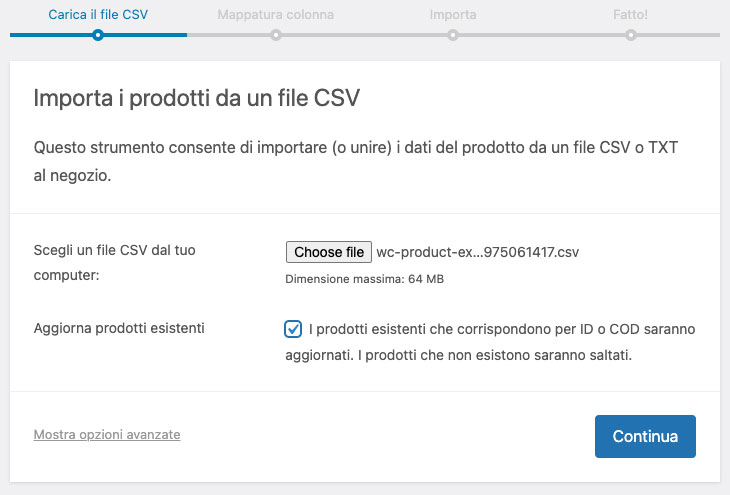 caricamento csv importatore woocommerce