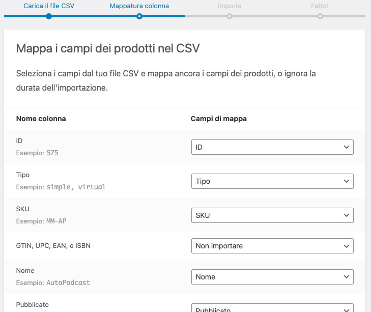 mappatura colonne CSV WooCommerce