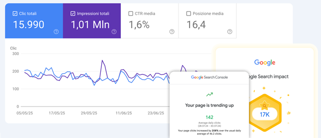 La search console di Google mostra i risultati SEO